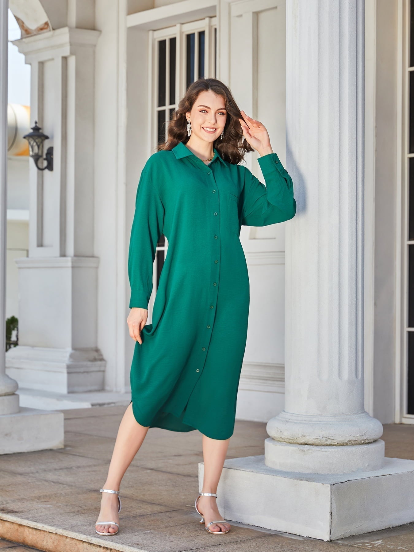 Collared Long-Sleeved Midi Shirt Dress