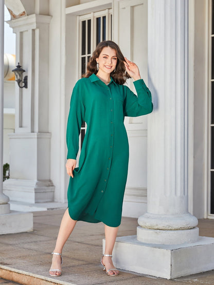 Collared Long-Sleeved Midi Shirt Dress