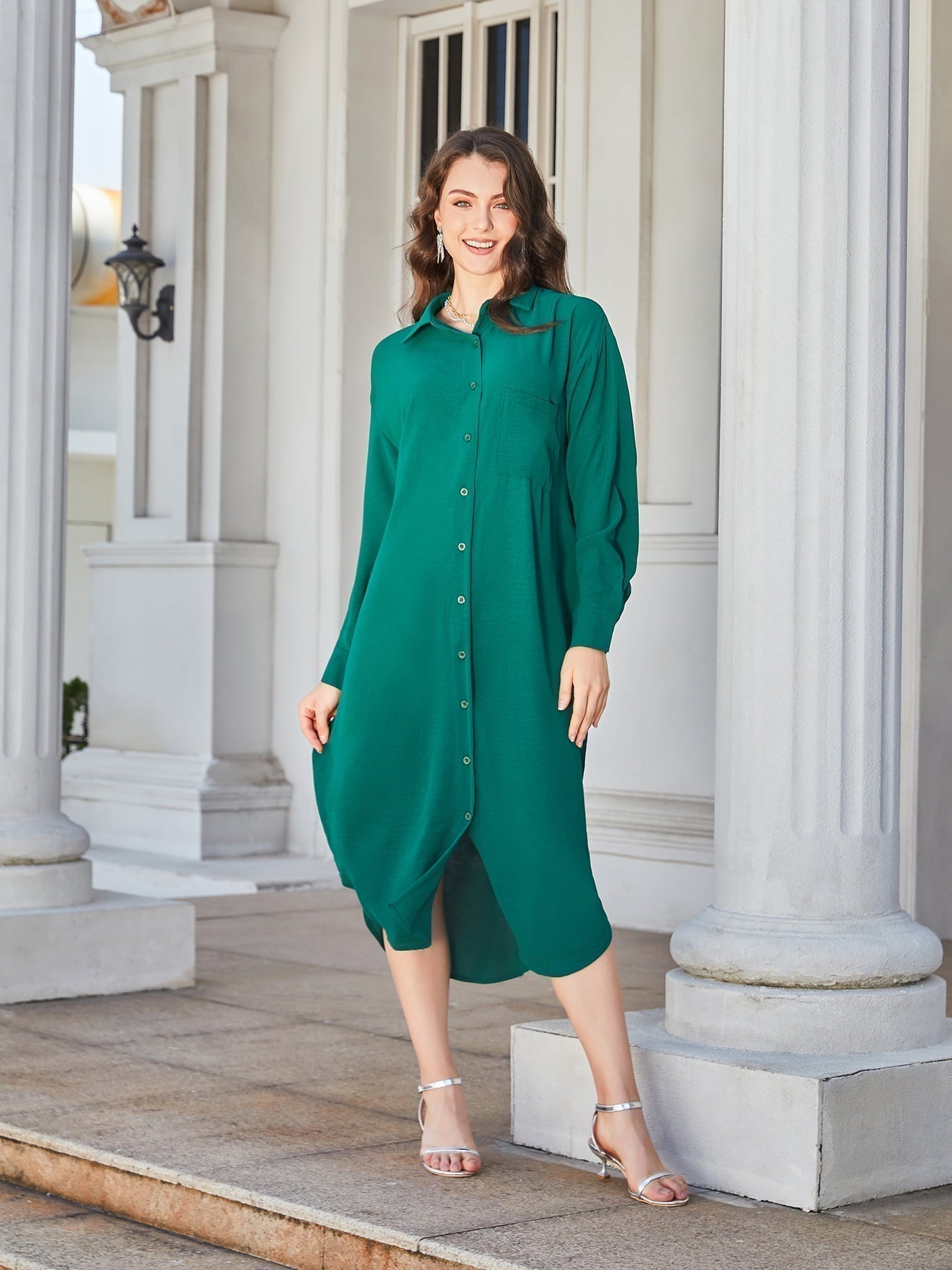 Collared Long-Sleeved Midi Shirt Dress