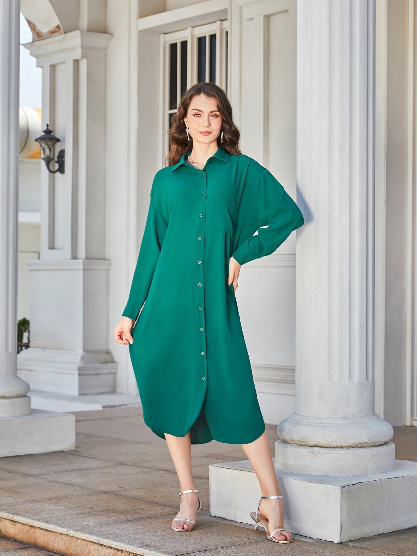 Collared Long-Sleeved Midi Shirt Dress