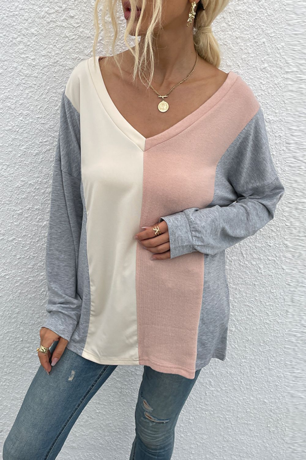 Color Block Blouse with Long Sleeves Peach