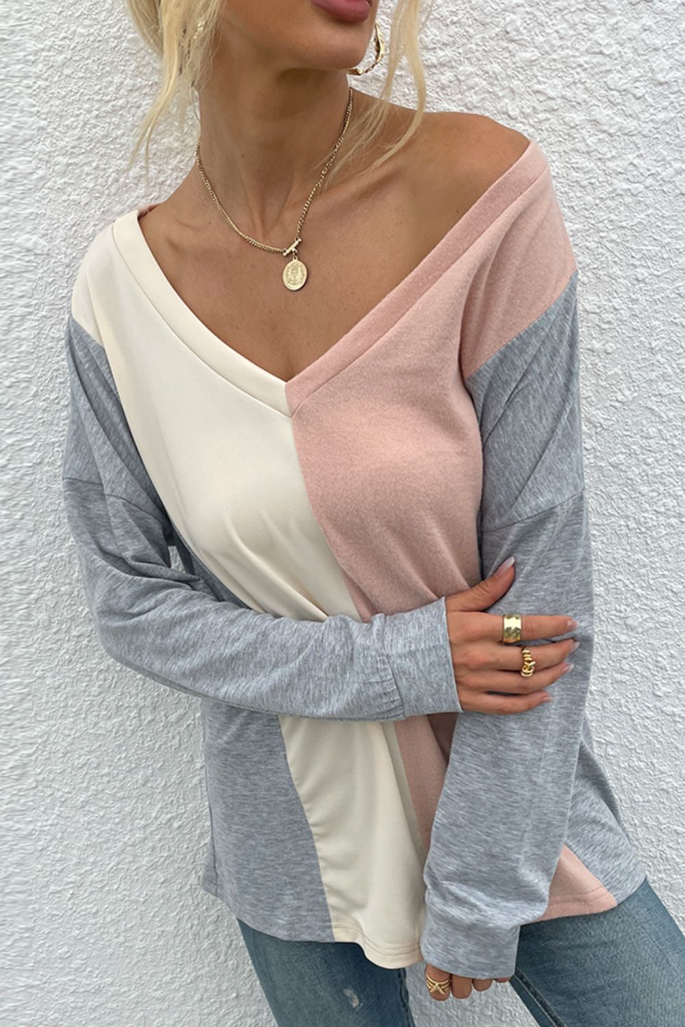 Color Block Blouse with Long Sleeves