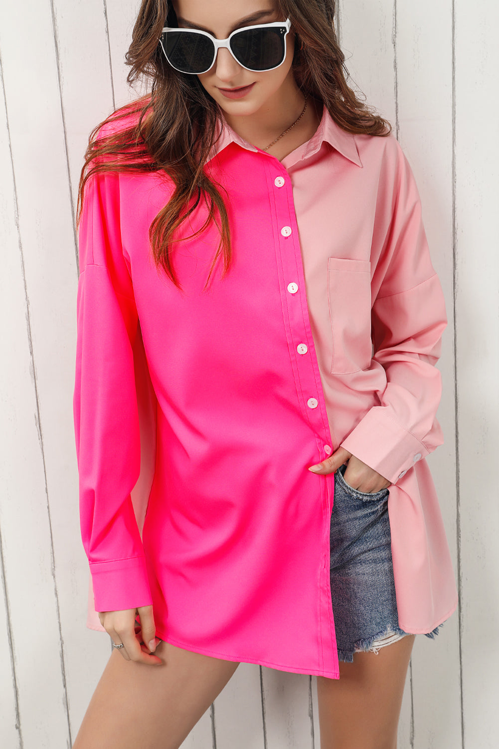 Color Block Collared Longline Blouse