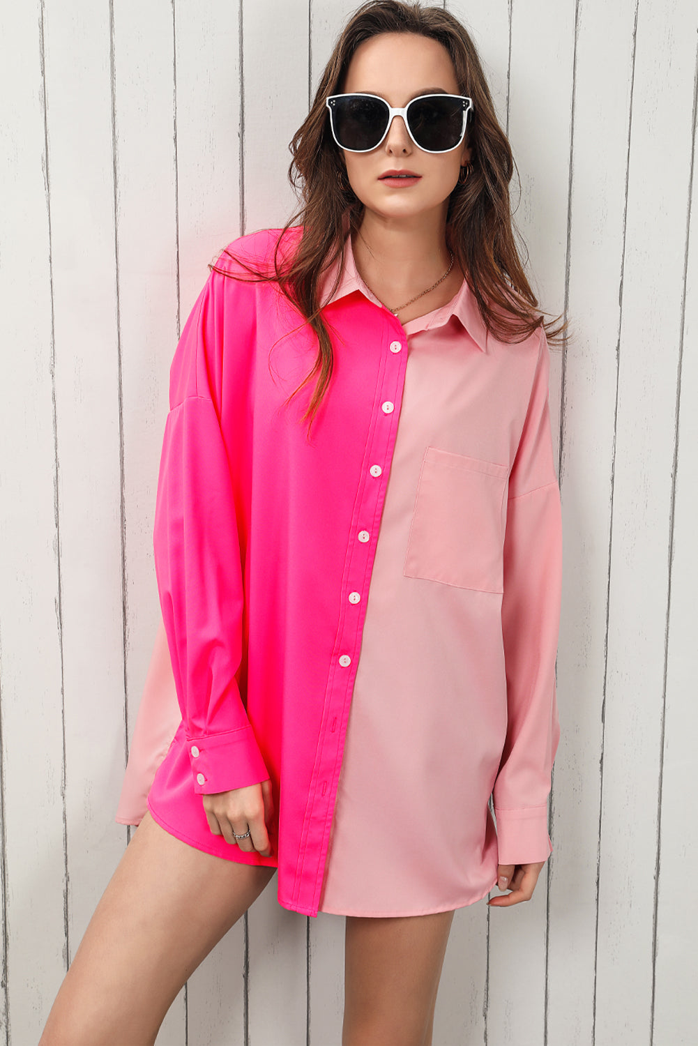 Color Block Collared Longline Blouse Hot Pink