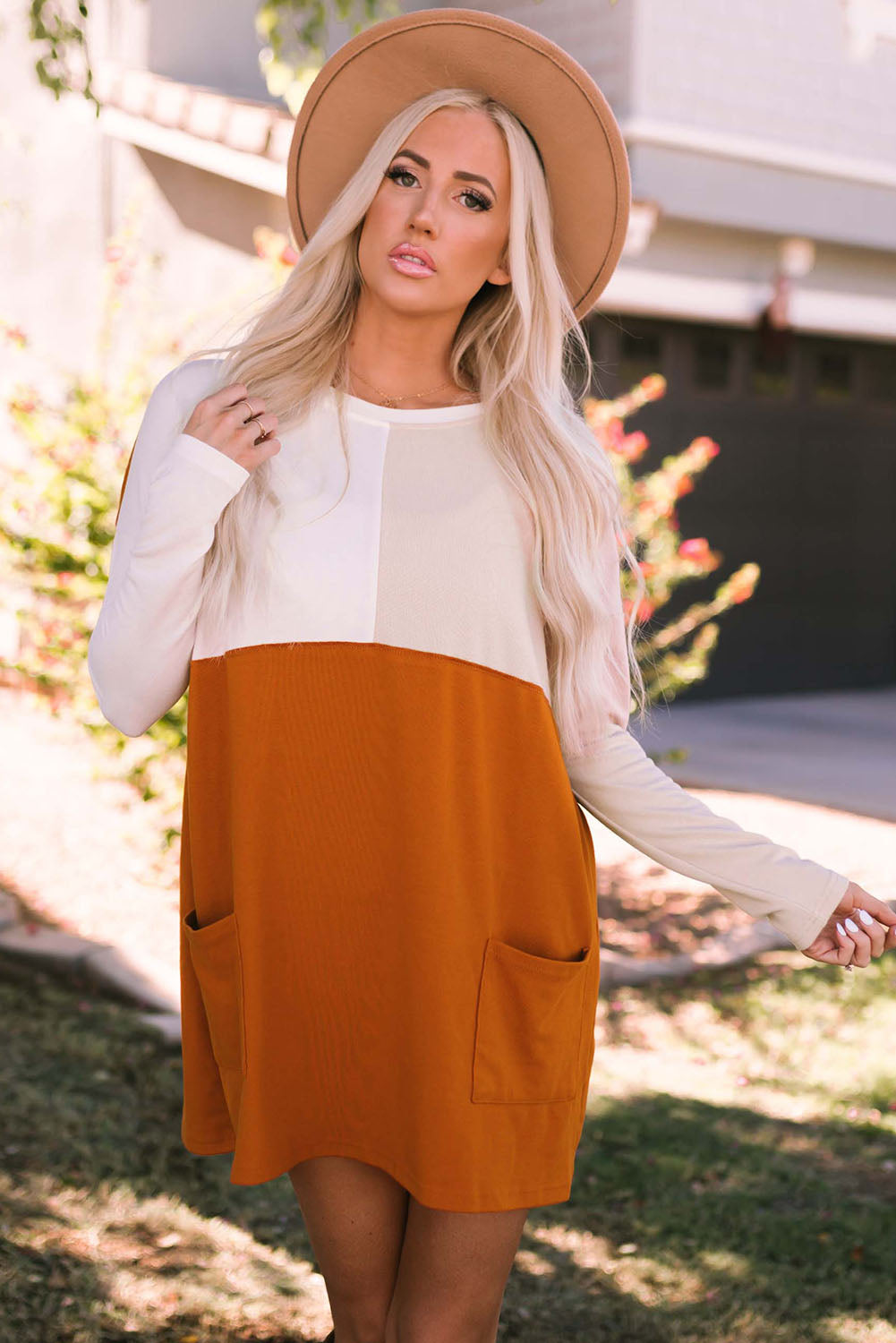 Color Block Longline Top with Round Neck and Pockets Orange