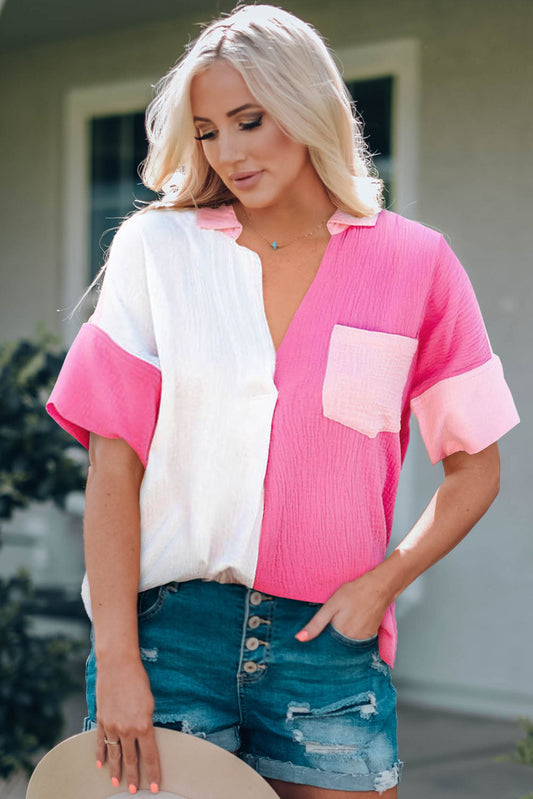 Color Block Textured Blouse with Johnny Collar Hot Pink
