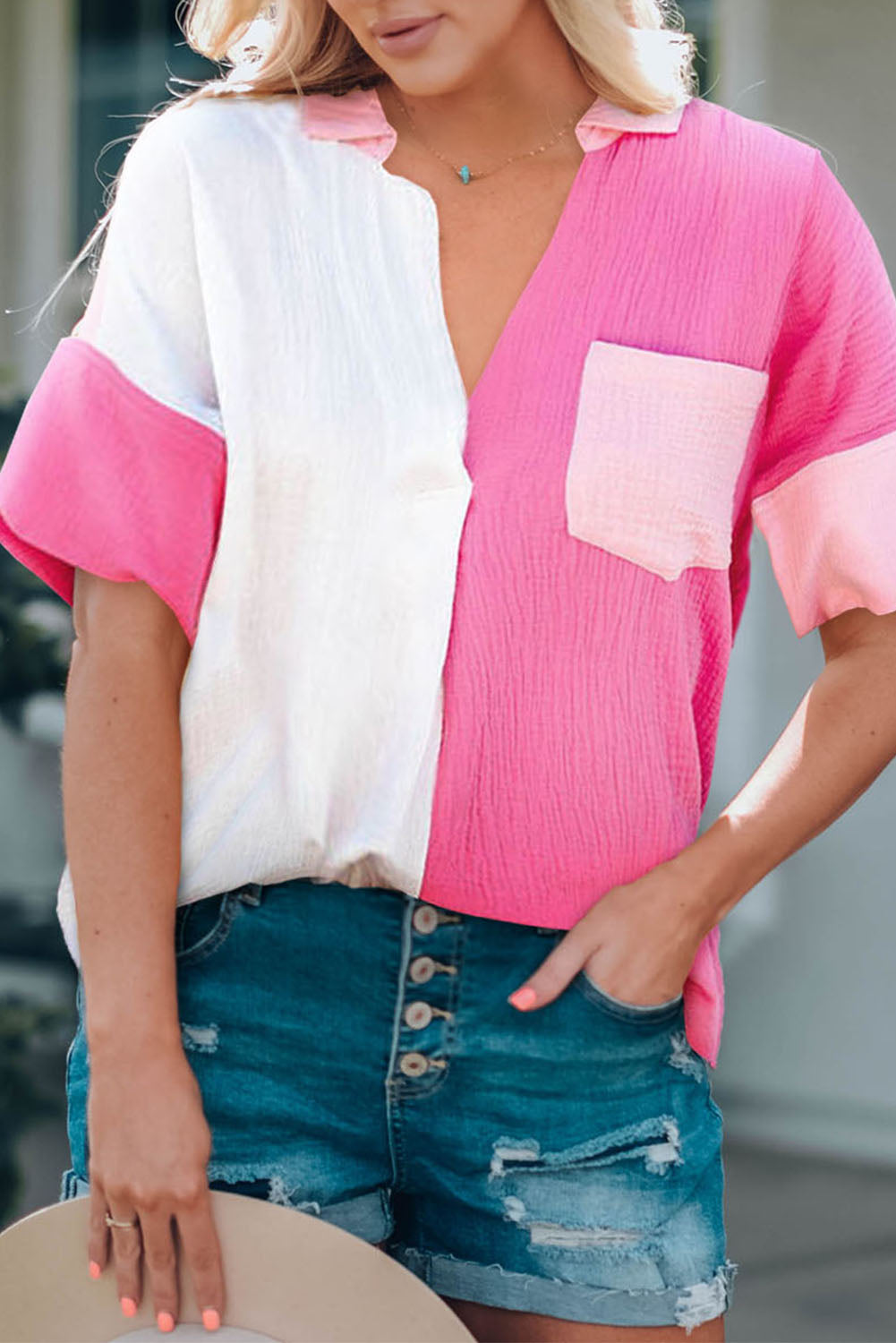 Color Block Textured Blouse with Johnny Collar