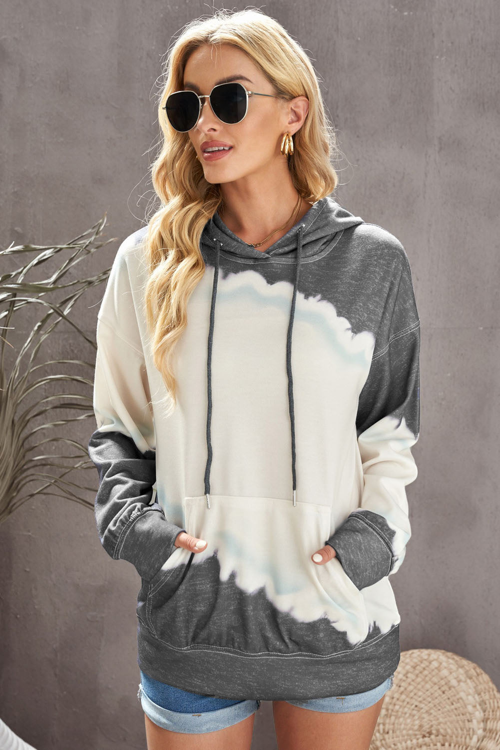 Color Block Tie-Dye Hoodie Gray White