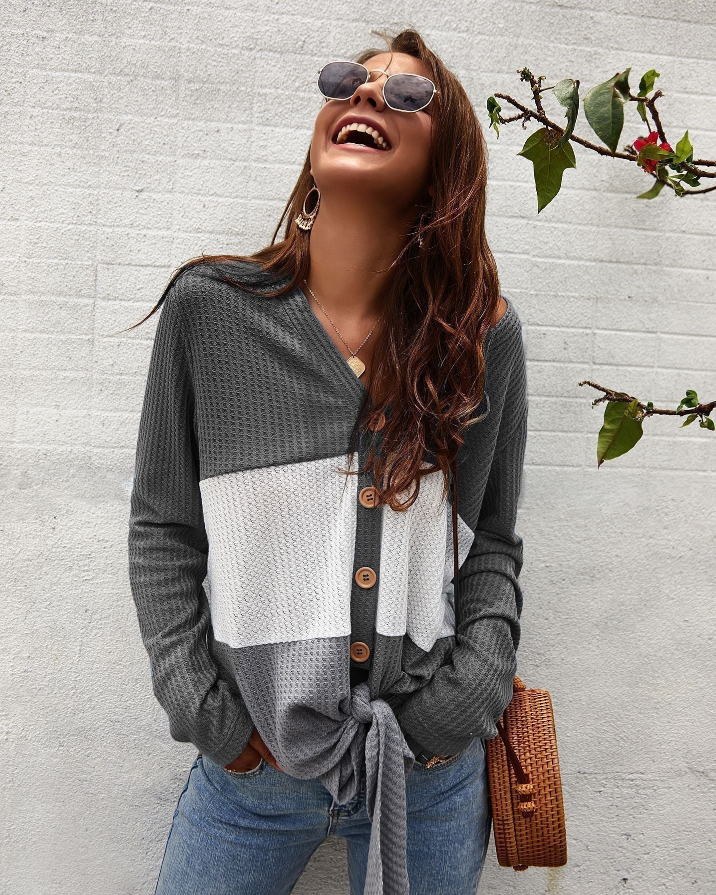 Color Block Waffle Knit V-Neck Top for Women Gray