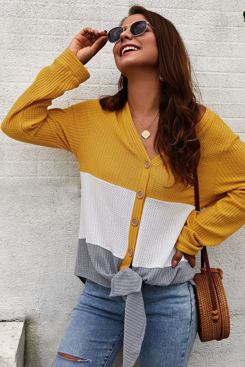 Color Block Waffle Knit V-Neck Top for Women