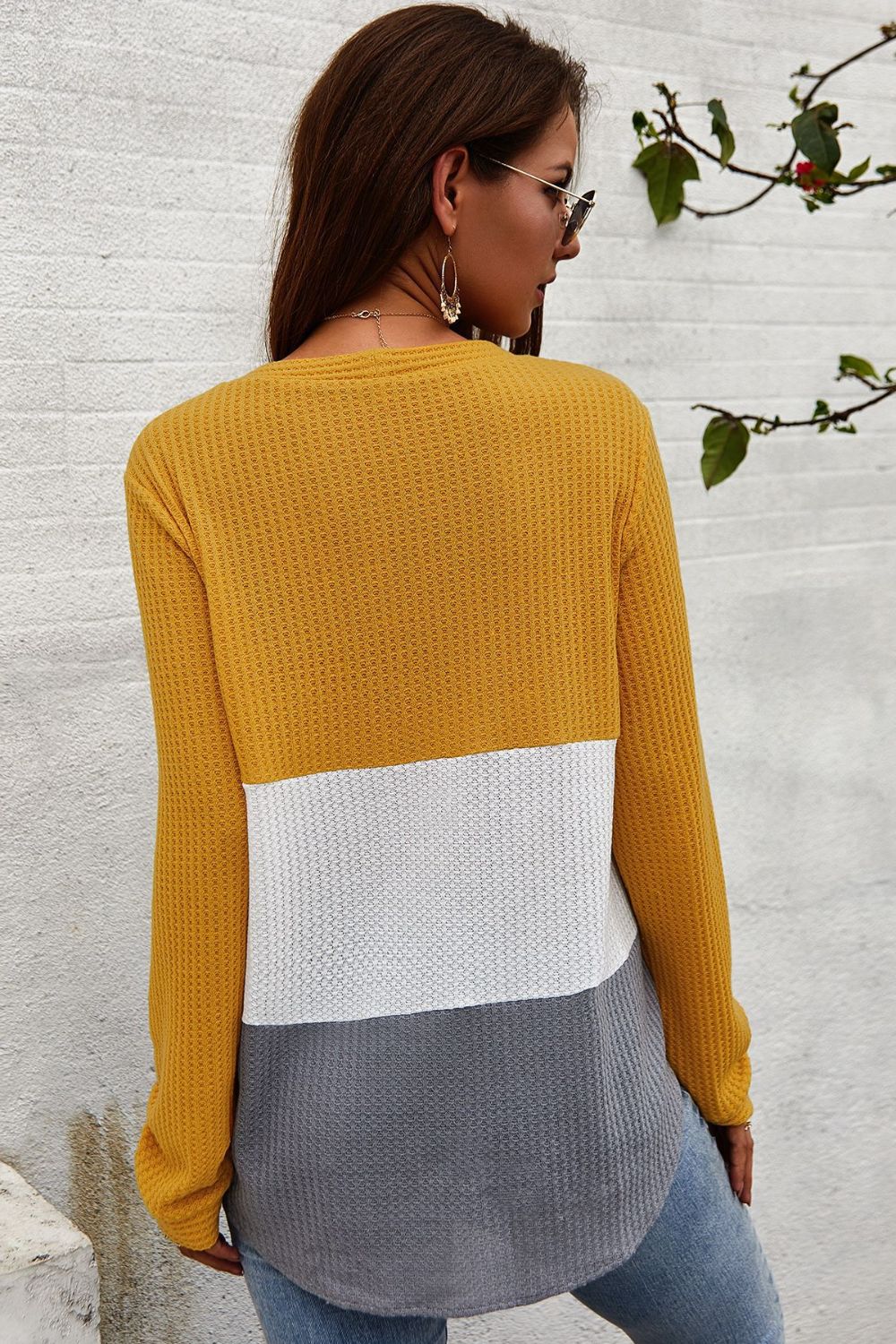 Color Block Waffle Knit V-Neck Top for Women