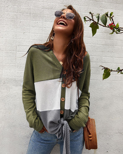 Color Block Waffle Knit V-Neck Top for Women Green