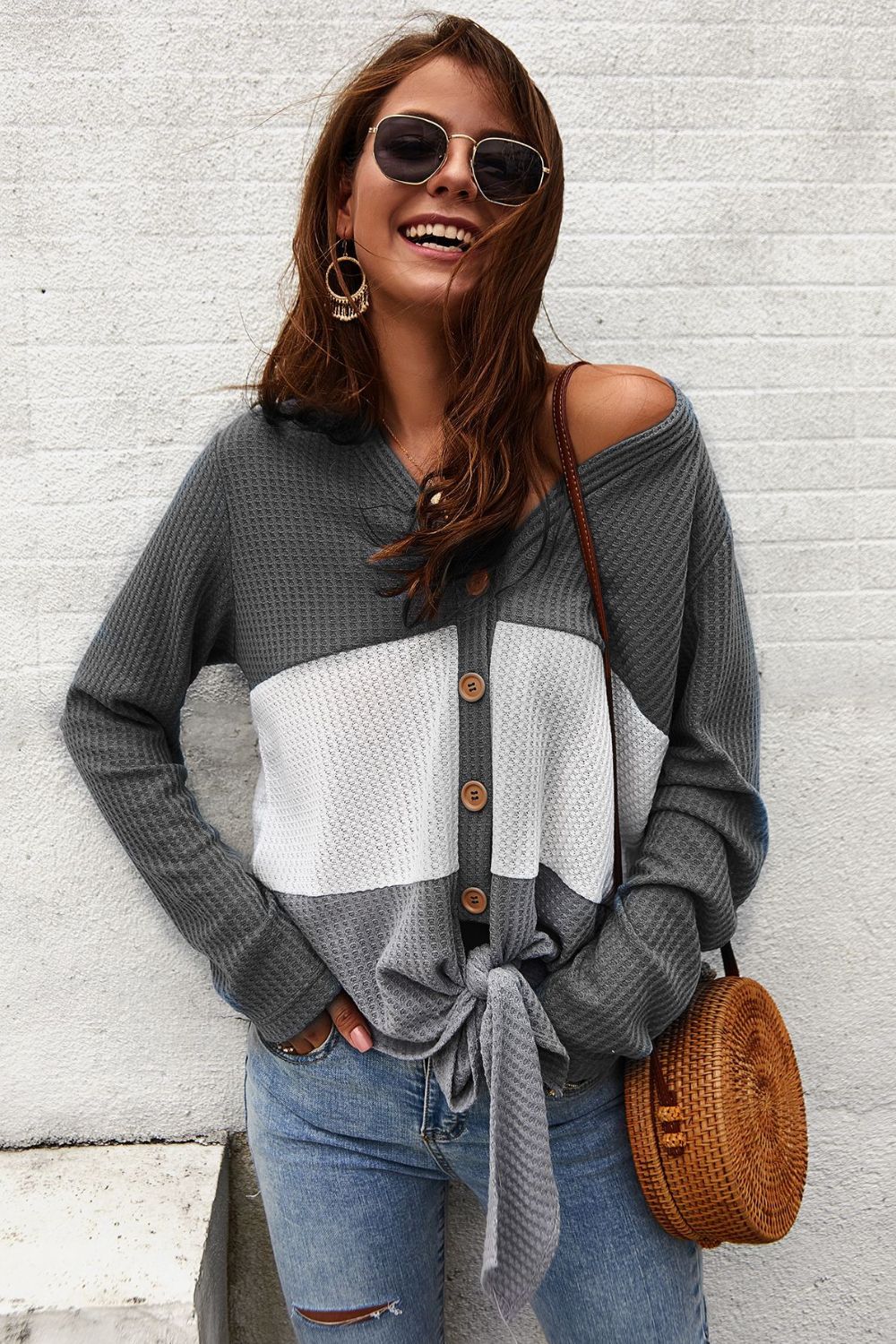 Color Block Waffle Knit V-Neck Top for Women