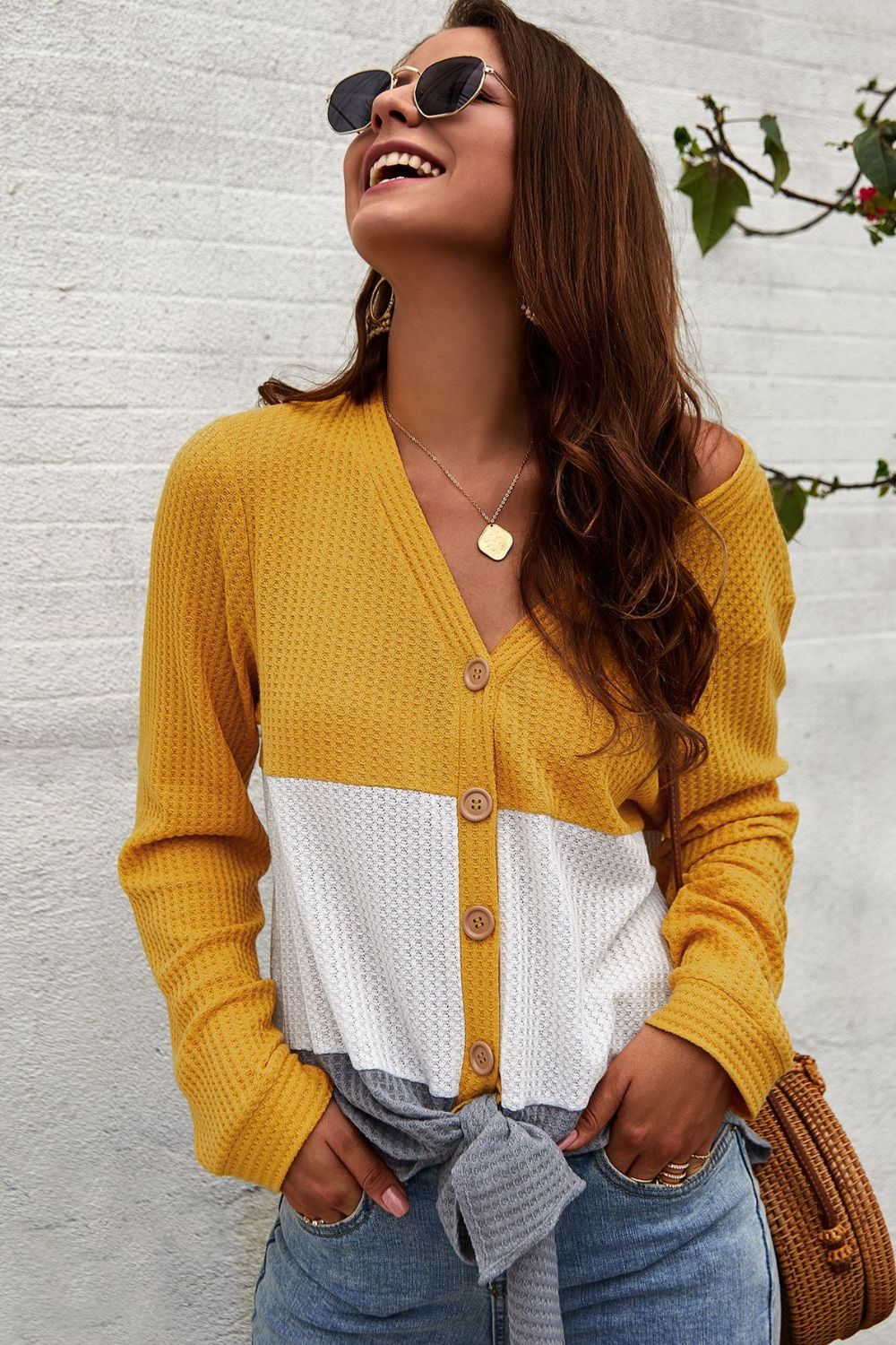 Color Block Waffle Knit V-Neck Top for Women Yellow