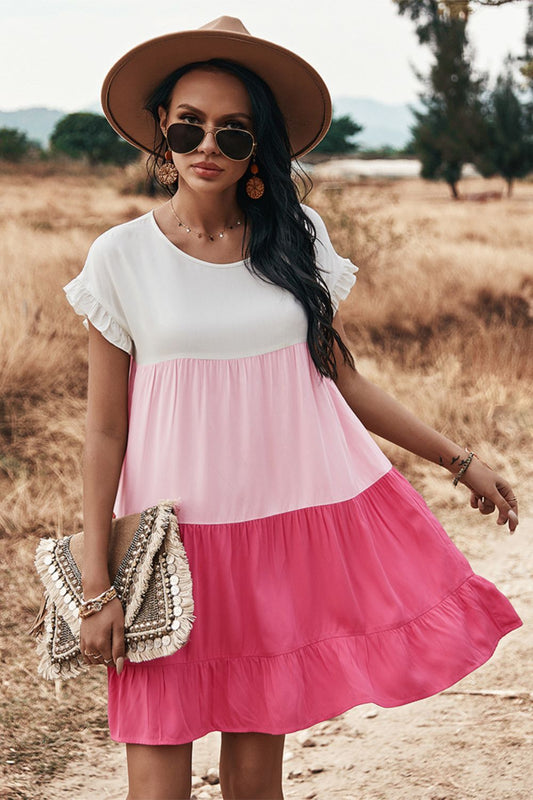 Colorblock Tiered Roundneck Dress Hot Pink