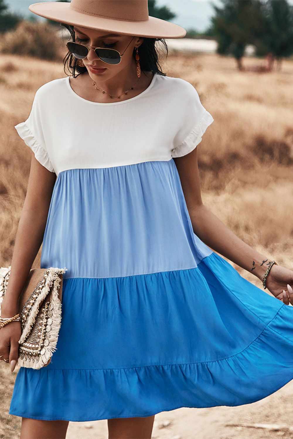 Colorblock Tiered Roundneck Dress