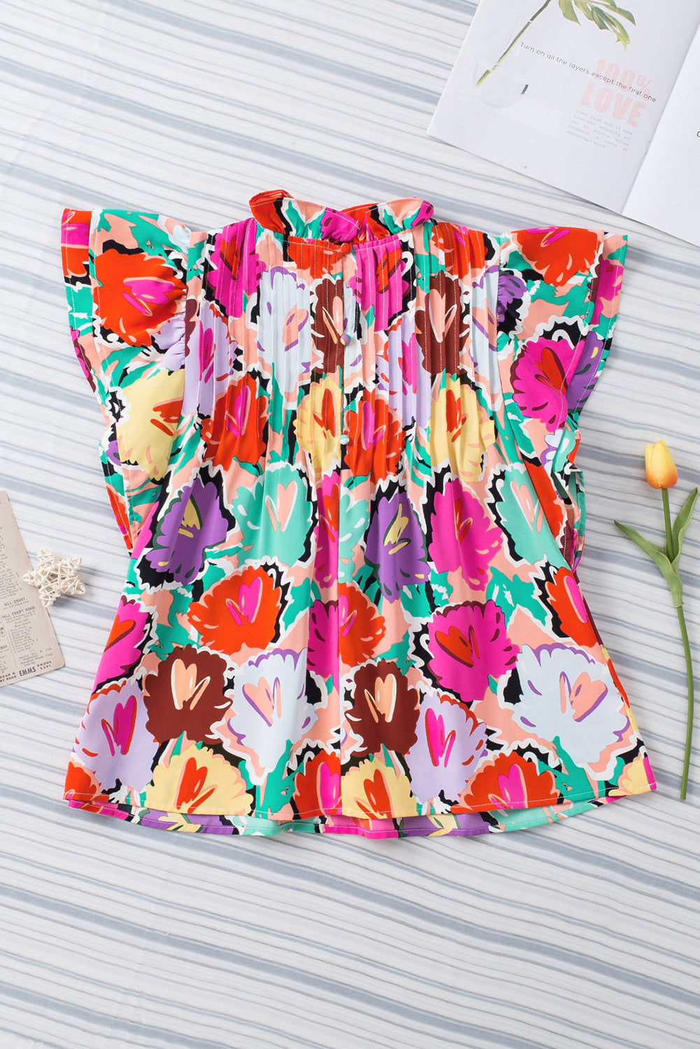 Colorful Flutter-Sleeved Mock Neck Blouse