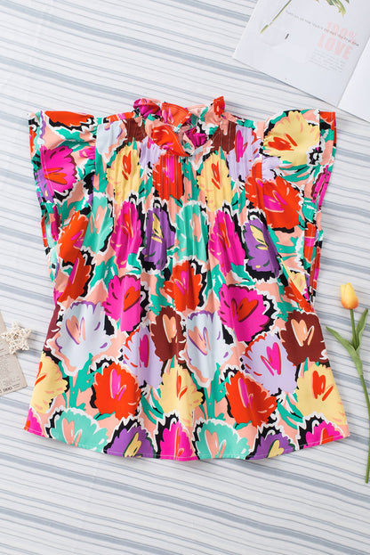 Colorful Flutter-Sleeved Mock Neck Blouse