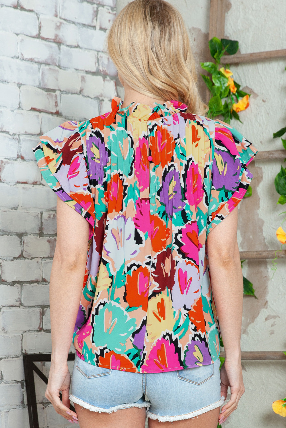 Colorful Flutter-Sleeved Mock Neck Blouse