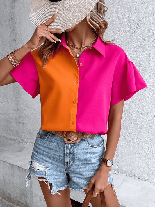 Contrast Sleeve Shirt for Women Pink Orange