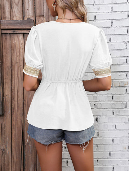 Contrast-Sleeved Babydoll Top with V-Neck