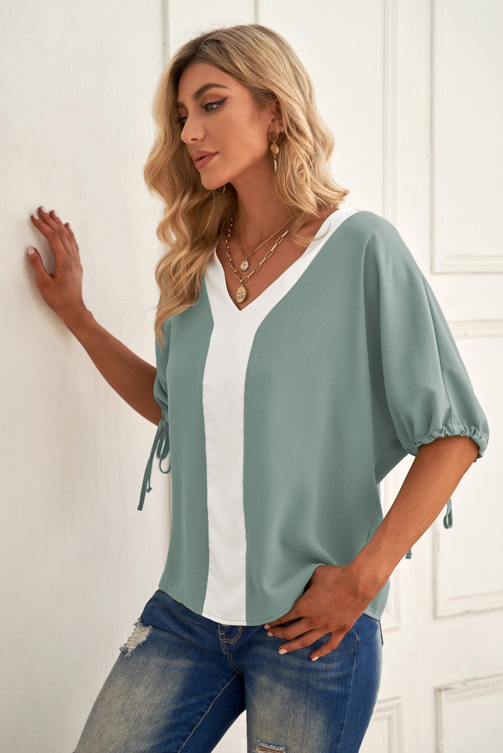 Contrasting V-Neck Cuff Blouse with Drawstring