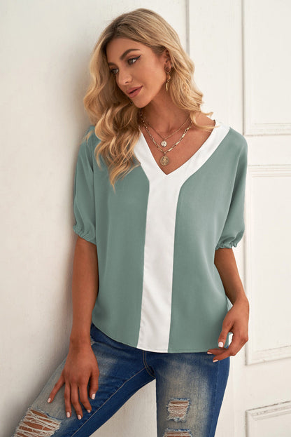 Contrasting V-Neck Cuff Blouse with Drawstring