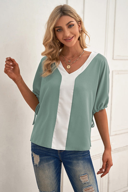 Contrasting V-Neck Cuff Blouse with Drawstring Sage