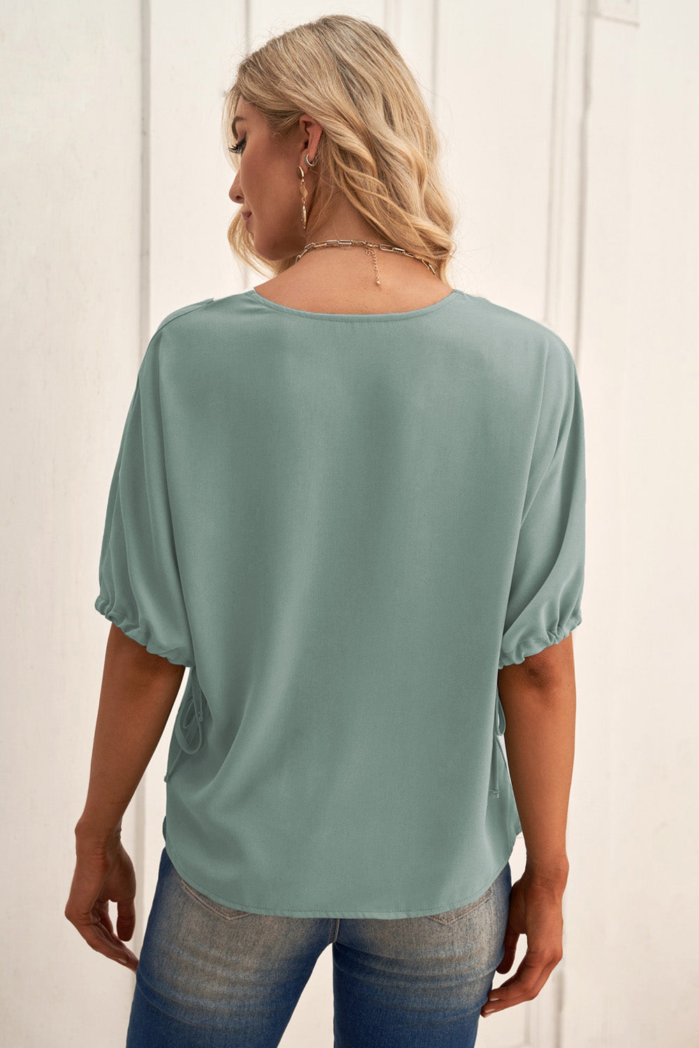 Contrasting V-Neck Cuff Blouse with Drawstring