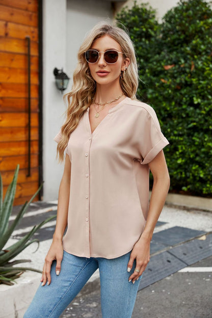 Cuffed Sleeve Notched Neck Shirt