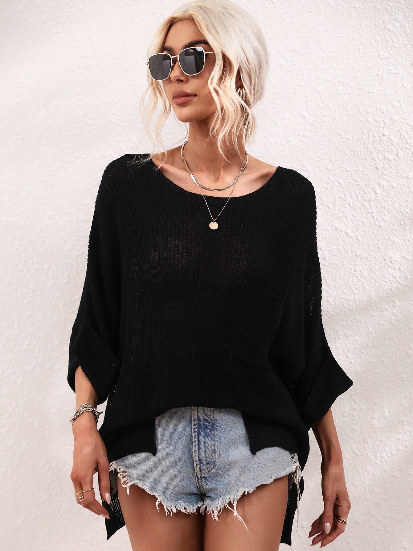 Cuffed Sleeve Tunic Knit Top Black