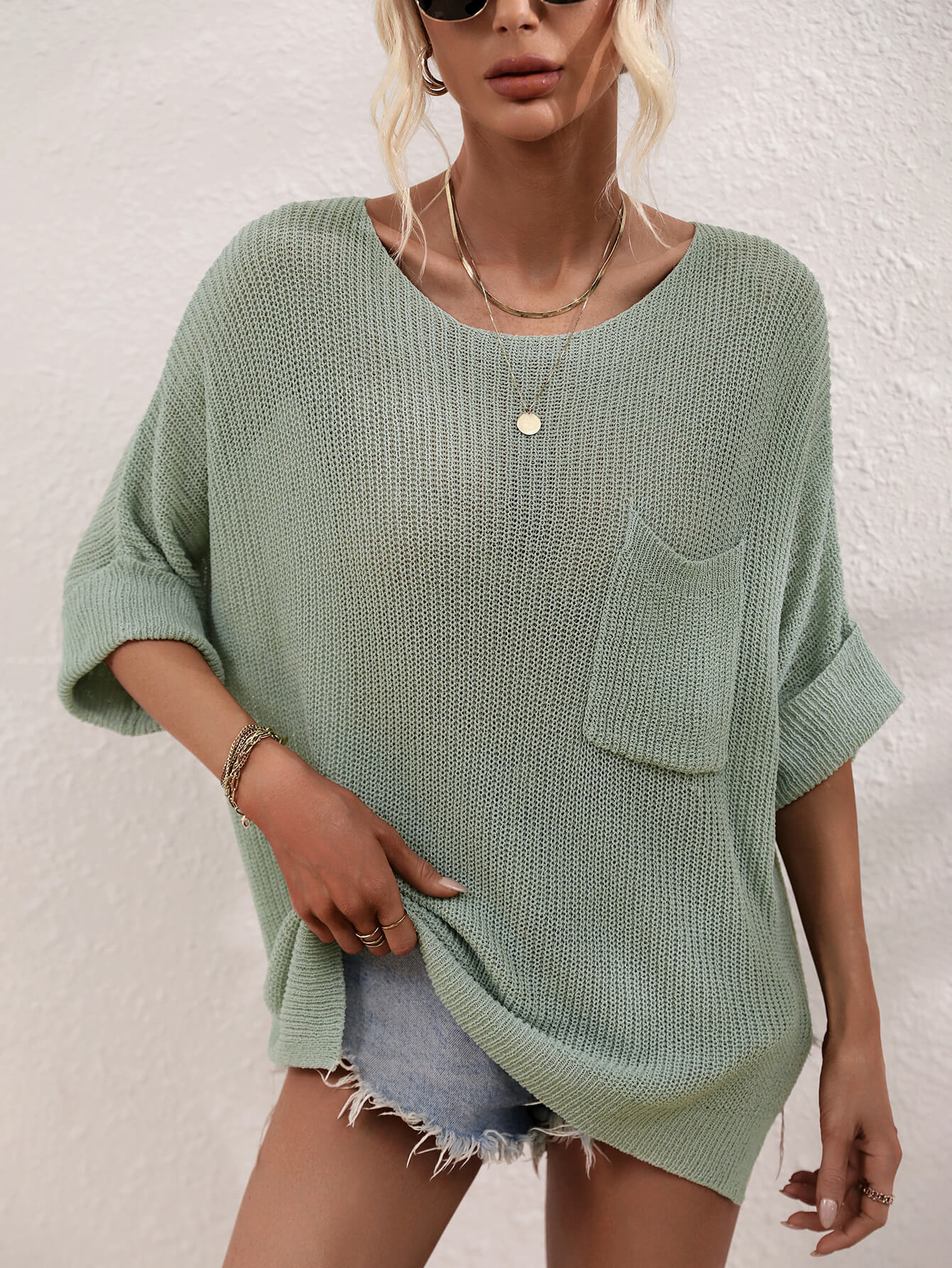 Cuffed Sleeve Tunic Knit Top Sage