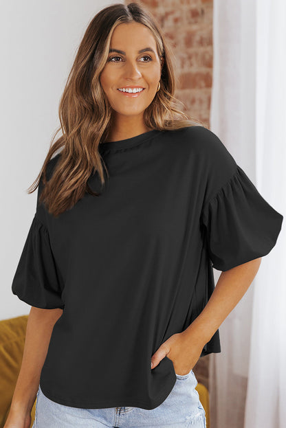 Curved Hem Puff Sleeve Top Black