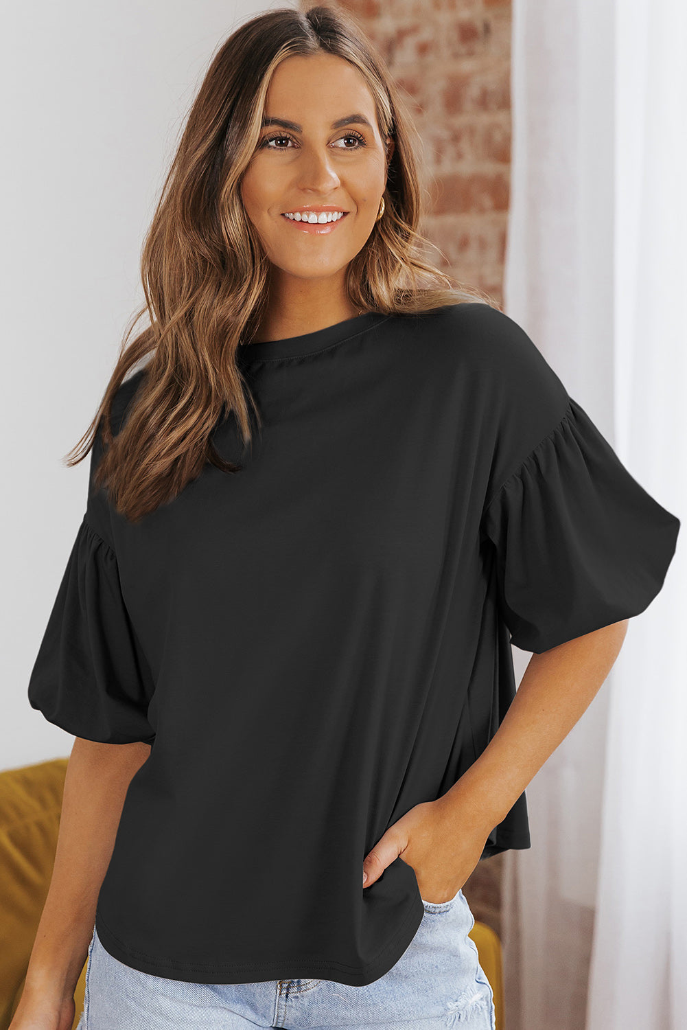 Curved Hem Puff Sleeve Top Black 2XL