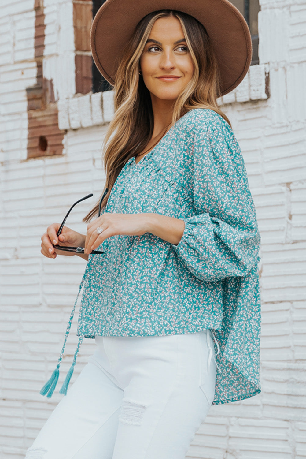 Dainty Floral Tassel Neckline High-Low Blouse