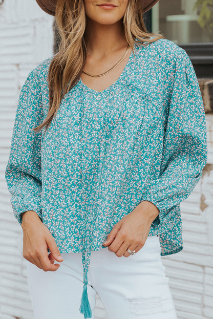 Dainty Floral Tassel Neckline High-Low Blouse Sky Blue S