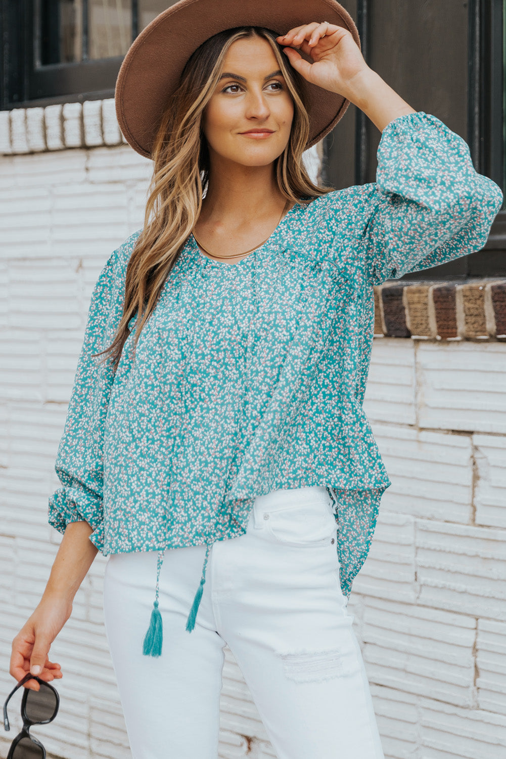 Dainty Floral Tassel Neckline High-Low Blouse