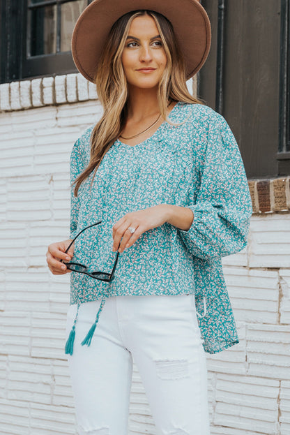 Dainty Floral Tassel Neckline High-Low Blouse