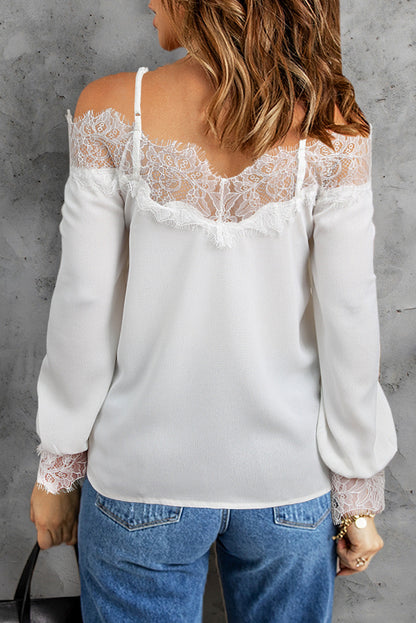 Delicate Eyelash Trim Spliced Lace Cold-Shoulder Top