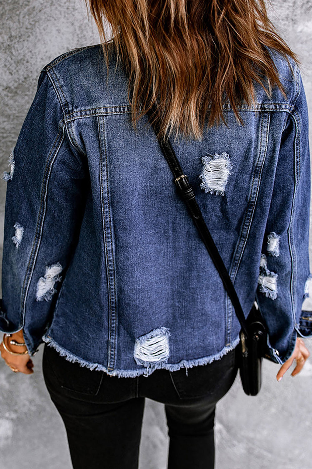 Denim Jacket with Mixed Print in Distressed Style for Women