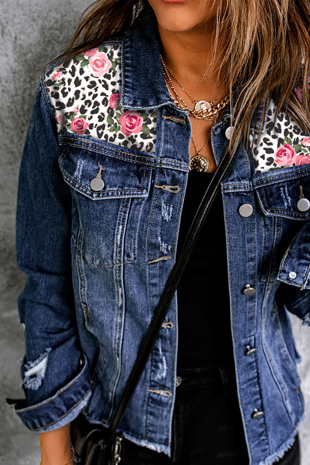 Denim Jacket with Mixed Print in Distressed Style for Women