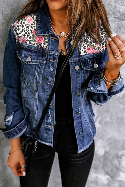 Denim Jacket with Mixed Print in Distressed Style for Women Floral Denim