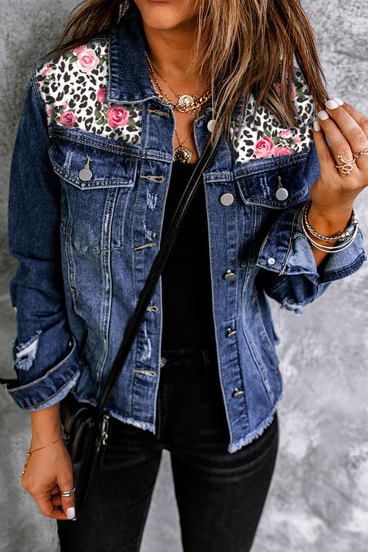Denim Jacket with Mixed Print in Distressed Style for Women Floral Denim
