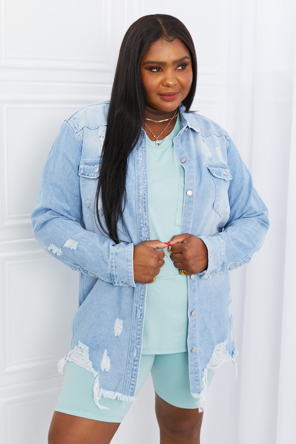 Distressed Raw Hem Denim Jacket for Women Light Blue