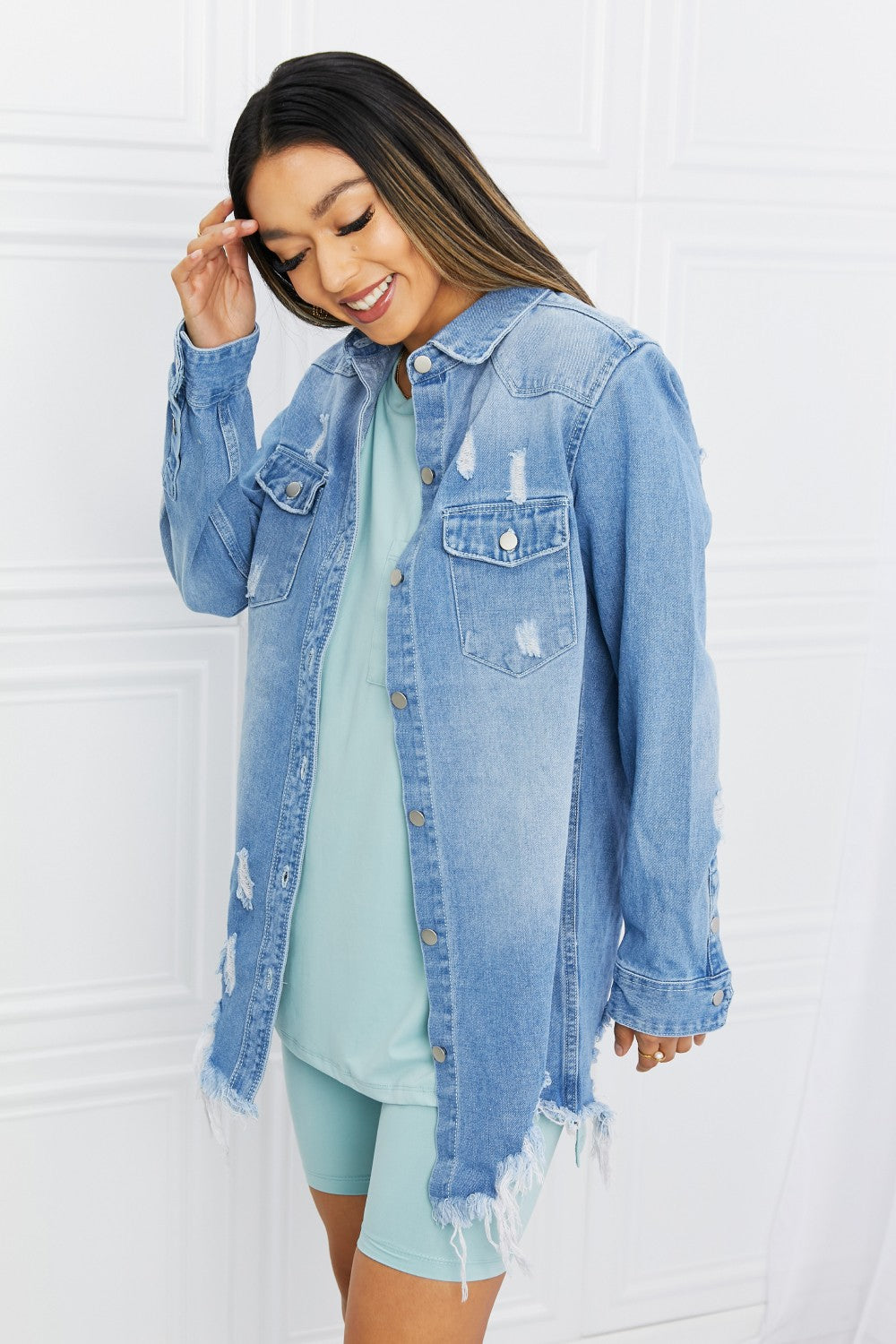 Distressed Raw Hem Denim Jacket for Women