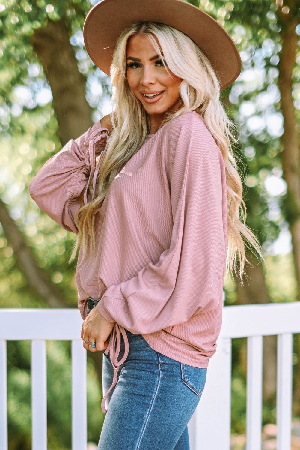 Dolman Sleeve Ribbed Drawstring Top