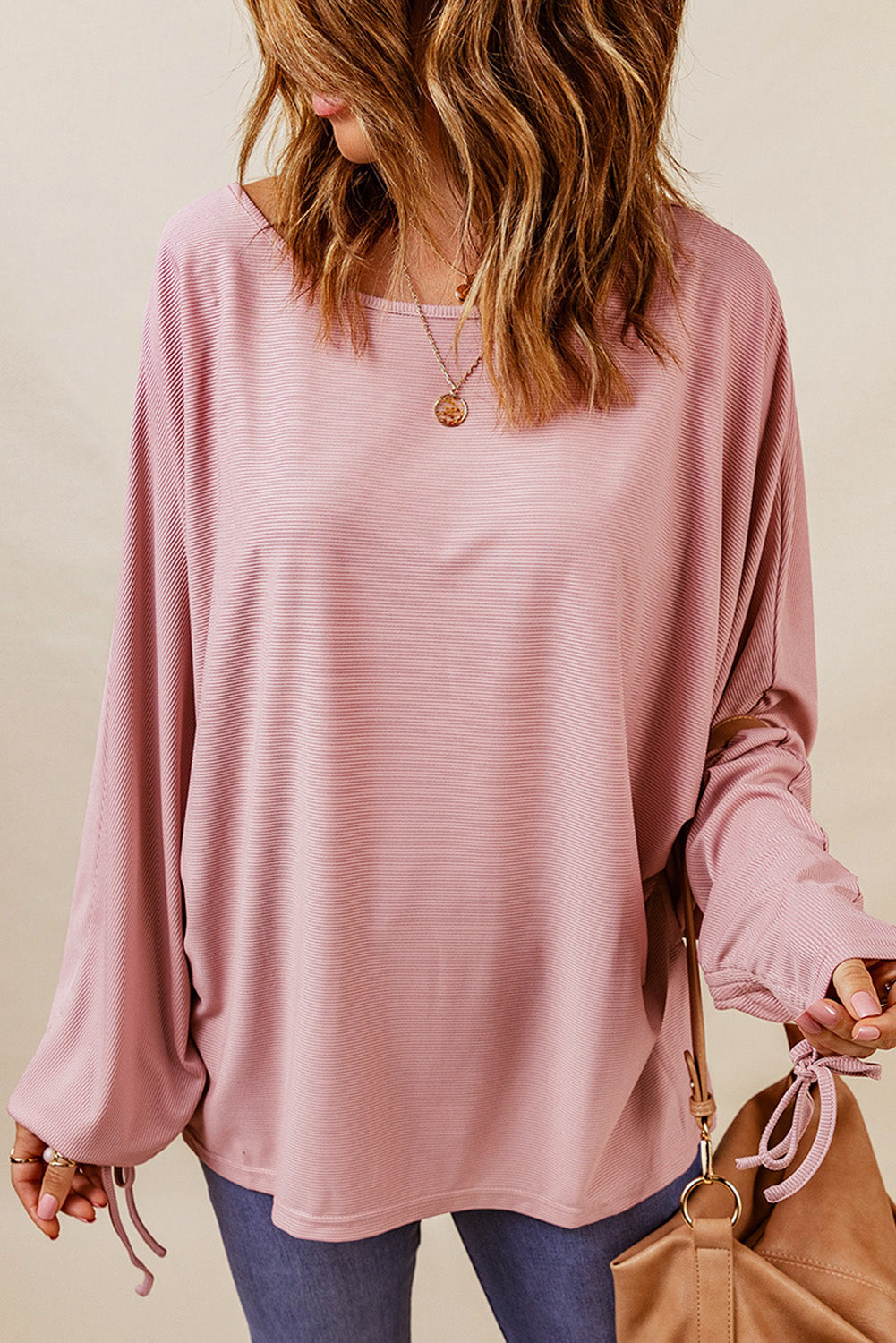 Dolman Sleeve Ribbed Drawstring Top