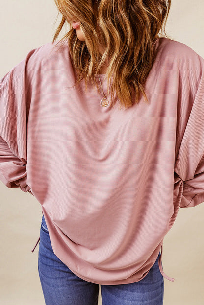 Dolman Sleeve Ribbed Drawstring Top