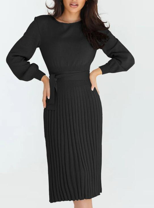 Women's slim pleated mid-length bottoming sweater dress Black