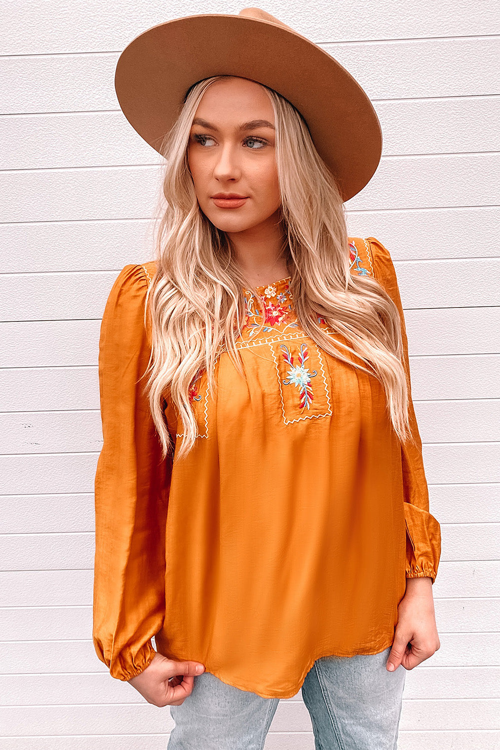 Embroidered Puff-Sleeved Blouse with Notched Neck
